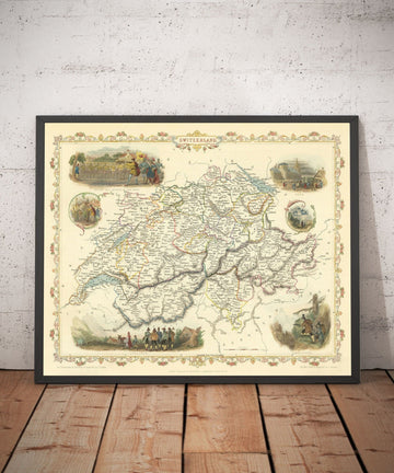 Alte handkolorierte Karte der Schweiz, 1851 - Bern, Zürich, Kantone, Genf, Seen, Zermatt, Wilhelm Tell 