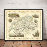 Old Handcoloured Map of Switzerland, 1851 - Bern, Zurich, Cantons, Geneva, Lakes, Zermatt, William Tell