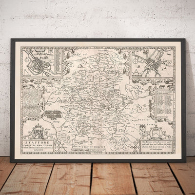 Old Monochrome Map of Staffordshire, 1611 by John Speed - Stafford, Wolverhampton, Stoke-on-Trent, Birmingham, Walsall, Dudley