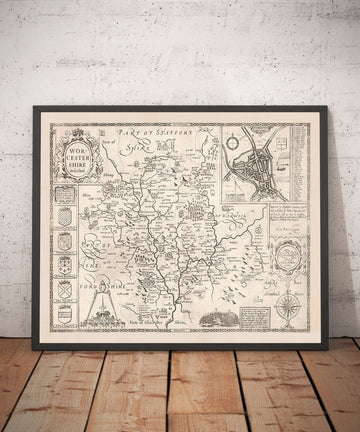 Old monochrome Carte of Worcestershire, 1611 par John Speed ​​- Worcester, Bromsgrove, Kidderminster, Malvern, Droitwich