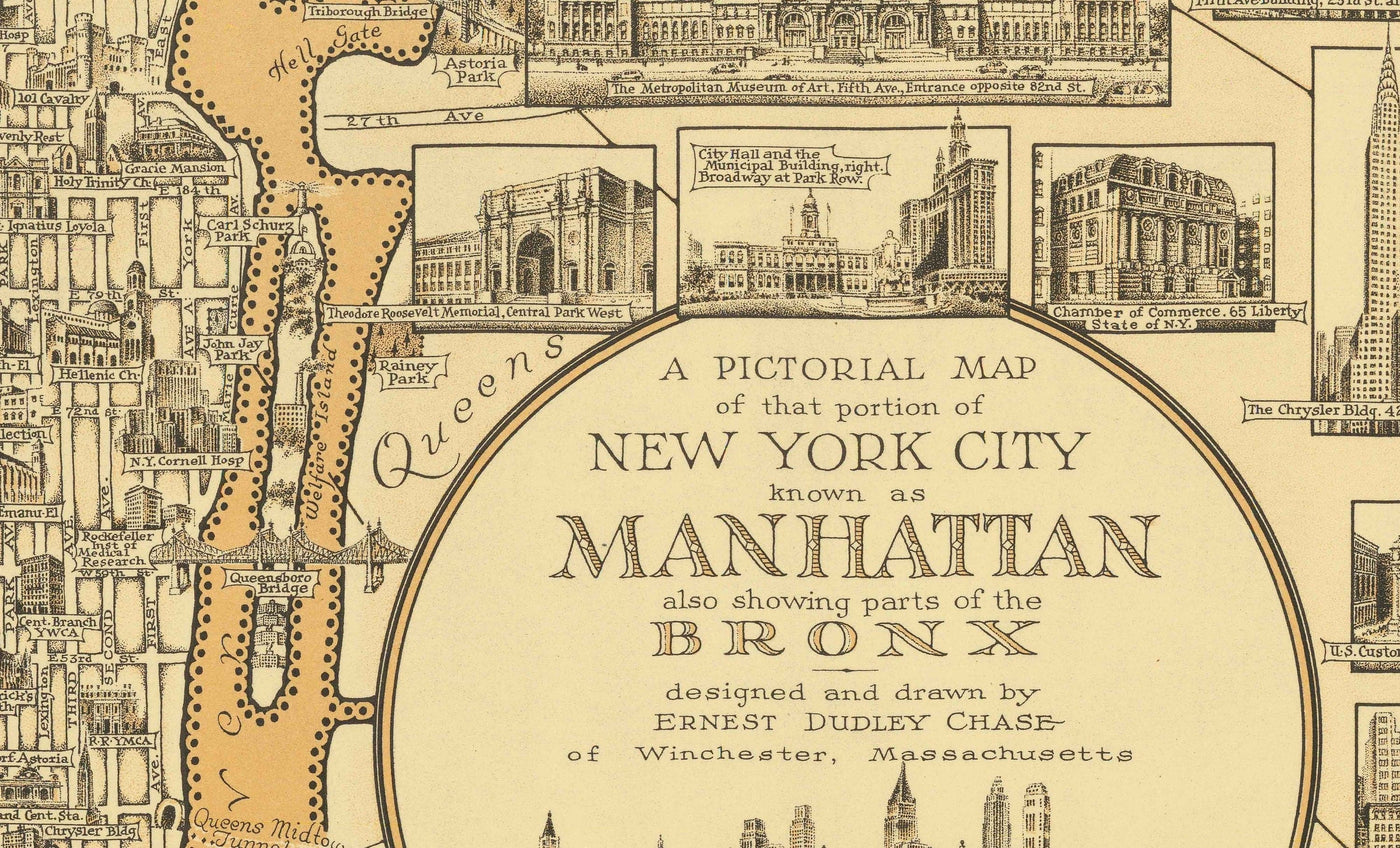 Old Pictorial Map of Manhattan & The Bronx, 1939 by E. Chase - Landmarks, Skyscrapers, Hudson River