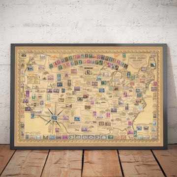 Old Stamp Map of the USA by E. Chase, 1949 - Historical United States Post Office - Presidents, Landmarks, Collector