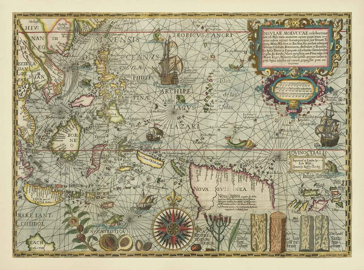 Old Spice Isles Map of Southeast Asia, 1598 by Wolfe - Dutch East Indies - Indonesia, Philippines, Singapore, Borneo, Sea Monsters