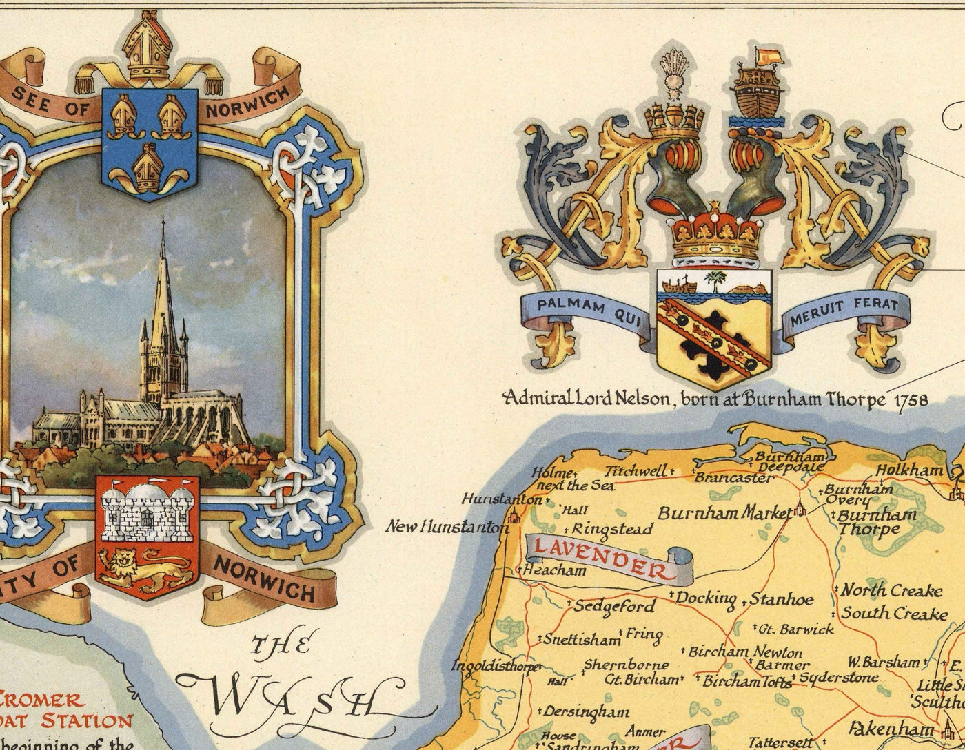 Old Map of Norfolk by Ernest Clegg, 1945 - Sandringham, Norwich, Yarmouth, Winston Churchill, Lord Nelson, WW2