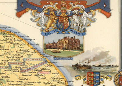 Old Map of Norfolk by Ernest Clegg, 1945 - Sandringham, Norwich, Yarmouth, Winston Churchill, Lord Nelson, WW2