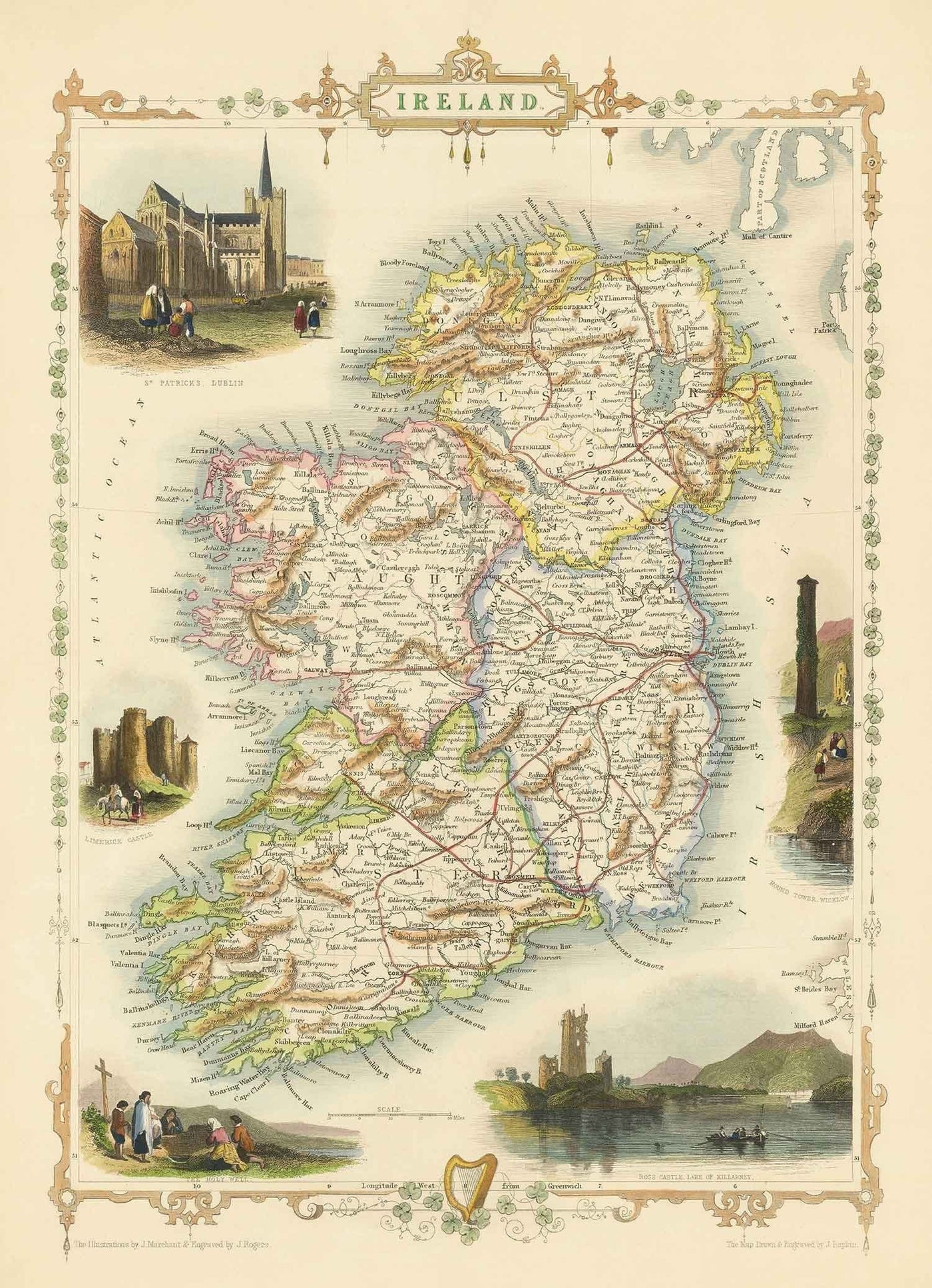 Antiguo mapa de Irlanda, Eire 1851 por Tallis & Rapkin - Provincias, ciudades, Dublín, ferrocarriles coloreados a mano en la época victoriana