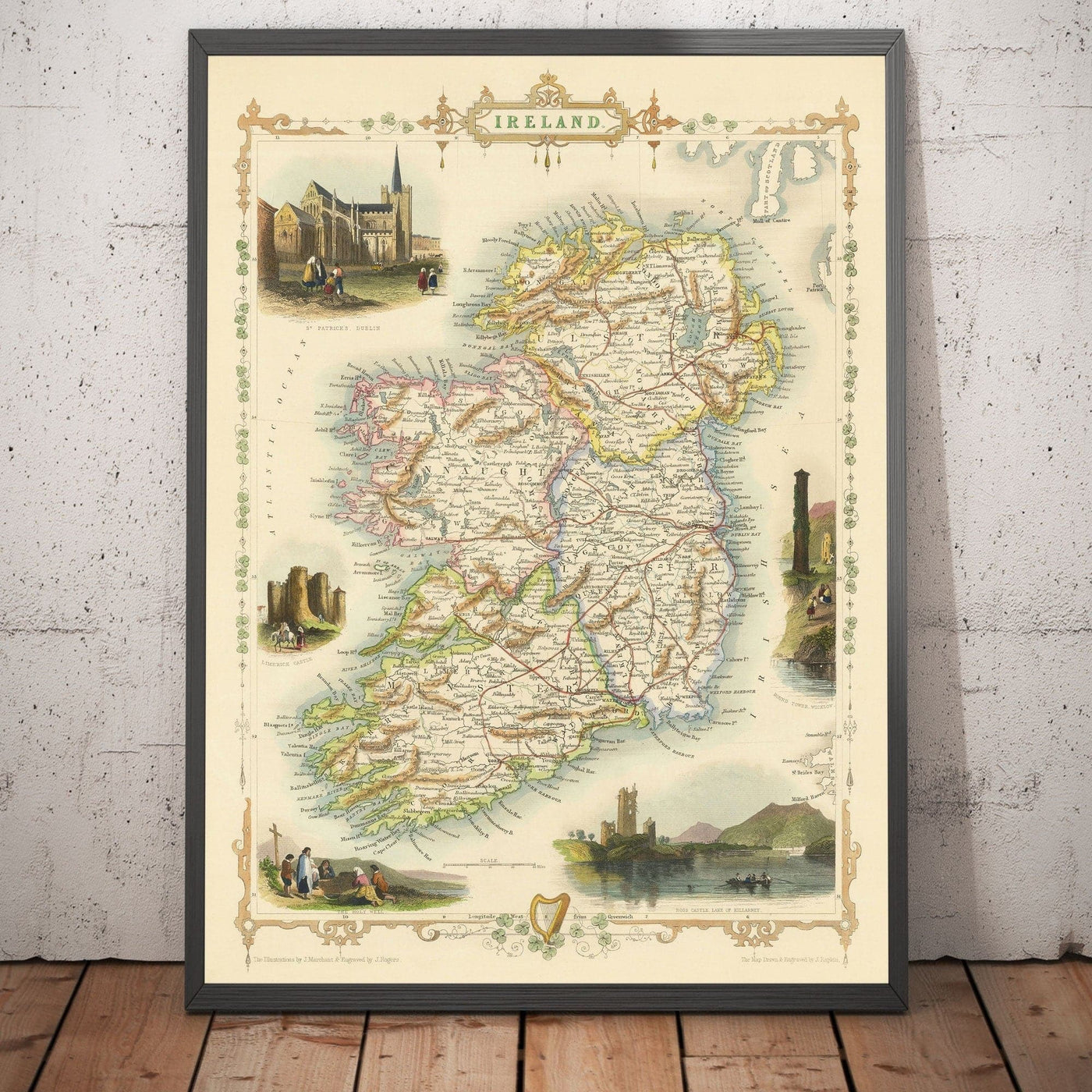 Ancienne carte d'Irlande, Eire 1851 par Tallis & Rapkin - Victorian Handcoloured Provinces, Villes, Dublin, Chemins de fer