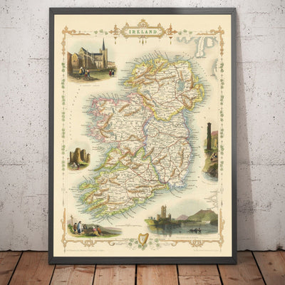 Antiguo mapa de Irlanda, Eire 1851 por Tallis & Rapkin - Provincias, ciudades, Dublín, ferrocarriles coloreados a mano en la época victoriana
