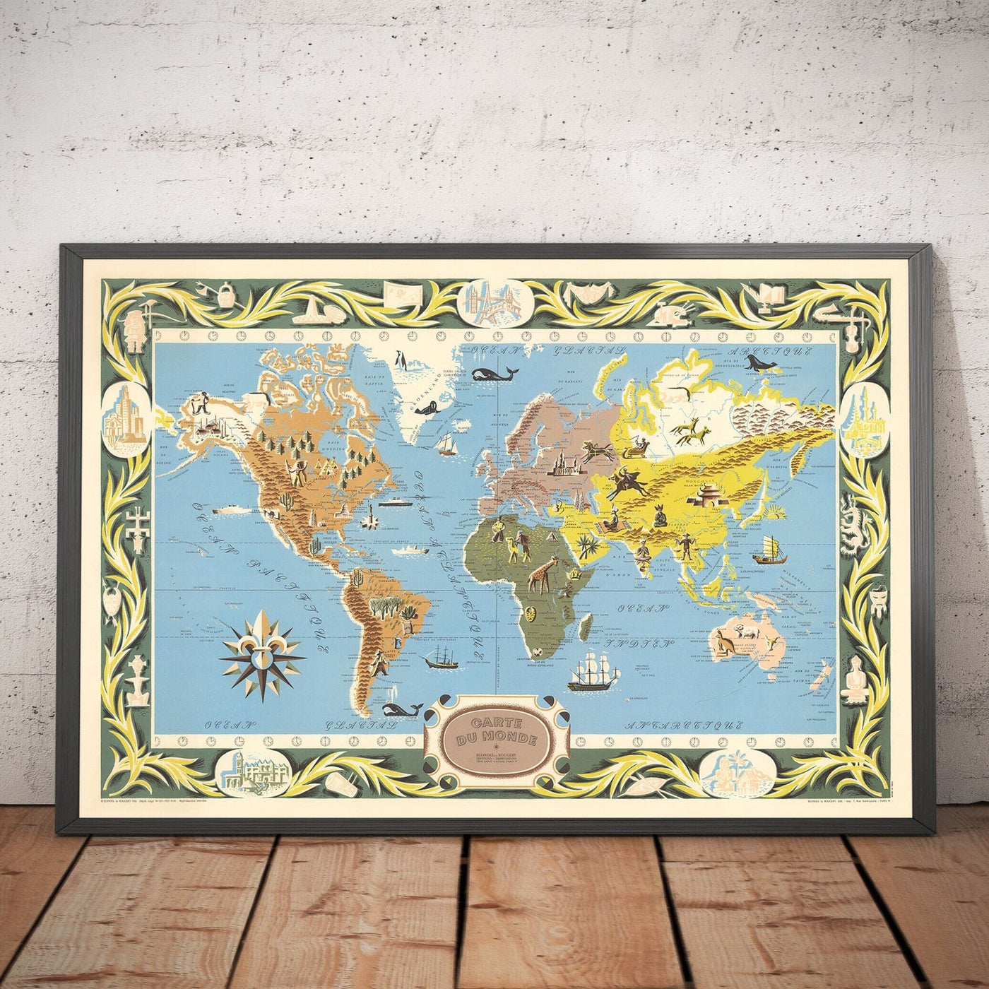 Old French World Map, 1956 - Carte du Monde Atlas by Blondel La Rougery - Sea Monsters, Time Zones