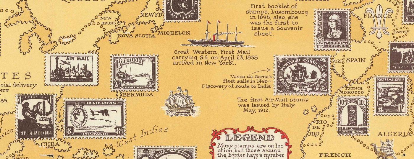 Old Stamp Map of the World, 1947 by E. Chase - Historical Post Office Atlas, Landmarks, Penny Black