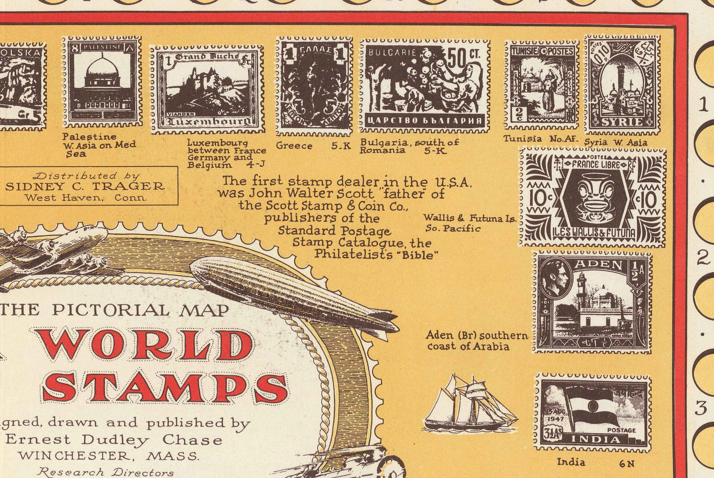 Old Stamp Map of the World, 1947 by E. Chase - Historical Post Office Atlas, Landmarks, Penny Black