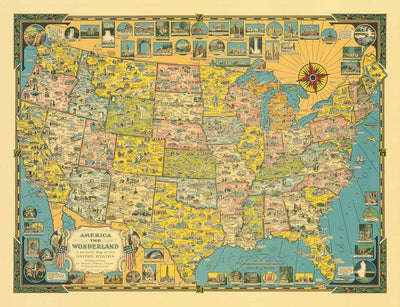 Old Pictorial Map of USA, 1941 by E. Chase - "America the Wonderland" - Illustrated Landmarks, Natural Wonders