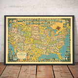Vecchia mappa illustrata degli USA, 1941 di E. Chase - "America il Paese delle Meraviglie" - Luoghi illustrati, meraviglie naturali 