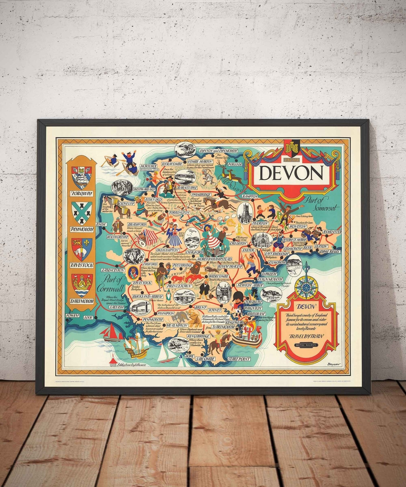 Old Pictorial Map of Devon, 1950 by Bowyer - British Railway, Torquay, Torrington, Clovelly, West Country