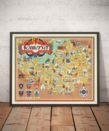 Old Pictorial Map of Somerset, 1950 - British Railway, Weston-super-Mare, Somerton, Dulverton, Bath, West Country