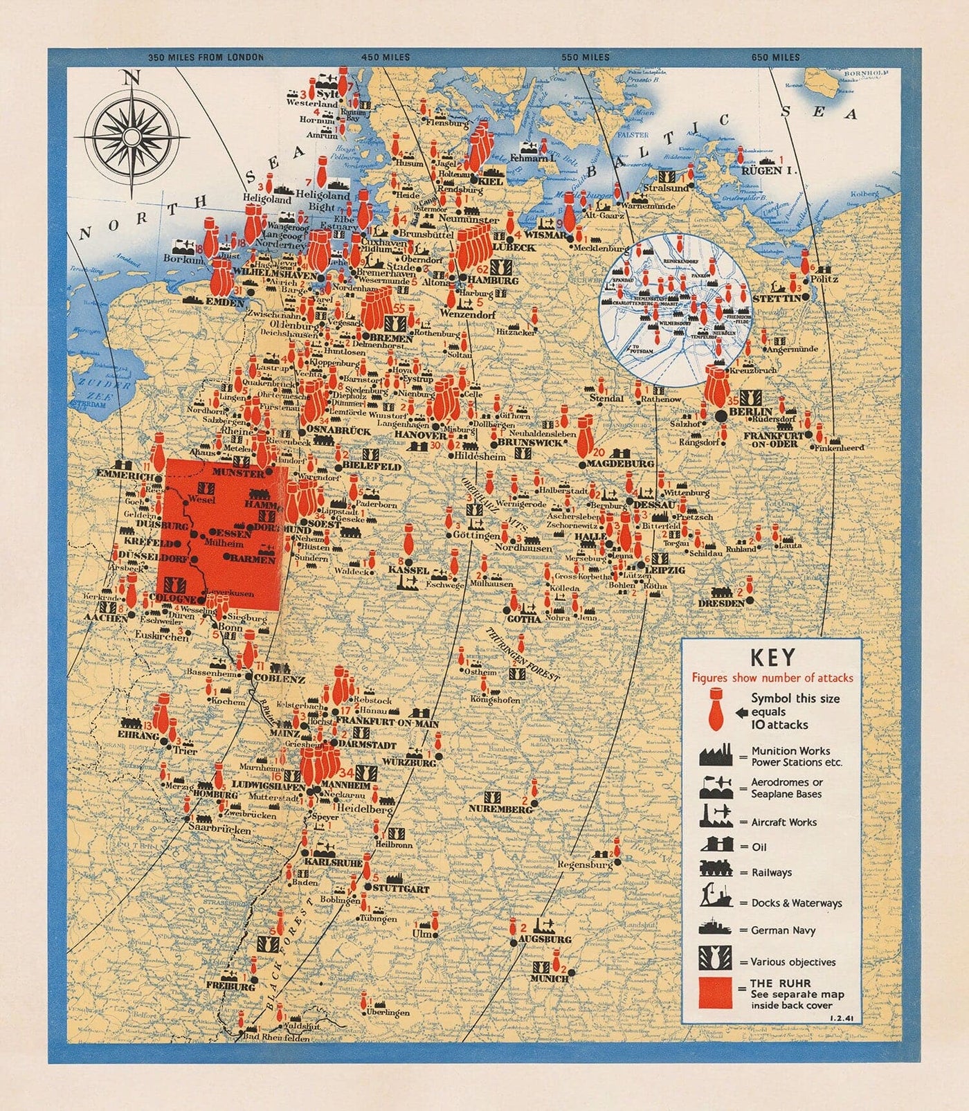The Air Offensive Against Germany, 1941 - Old WW2 Bombing Map - British RAF & Air Ministry Propaganda