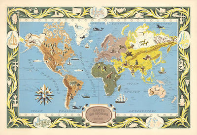 Antiguo mapa francés del mundo, 1956 - Carte du Monde Atlas de Blondel La Rougery - Monstruos marinos, zonas horarias