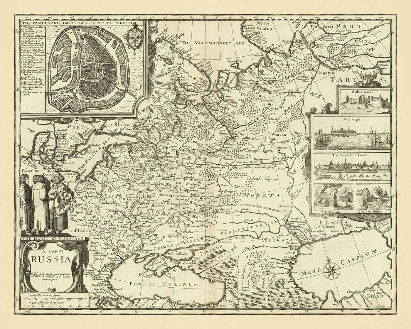 Old Map of Russia, 1676 by John Speed - Peter the Great's Russian Empire, Old Europe, Moscow, Kiev, Tatars, Ukraine