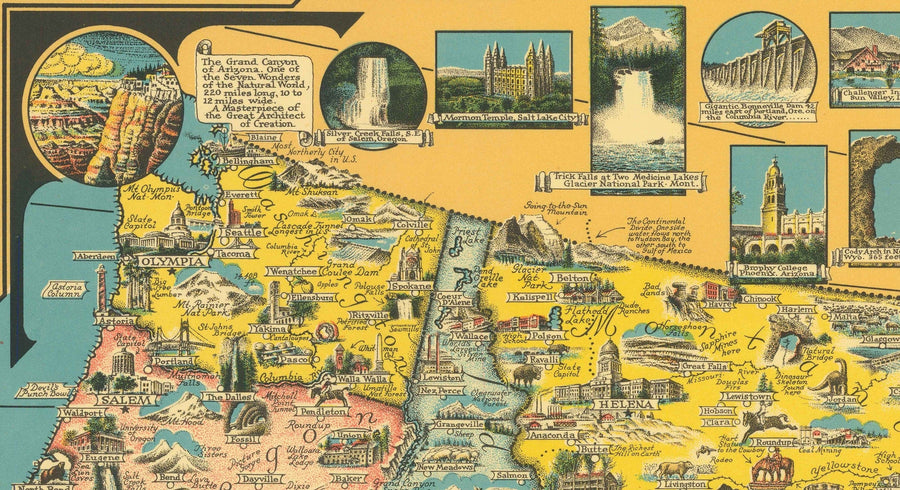 Vecchia mappa illustrata degli USA, 1941 di E. Chase - "America il Paese delle Meraviglie" - Luoghi illustrati, meraviglie naturali 