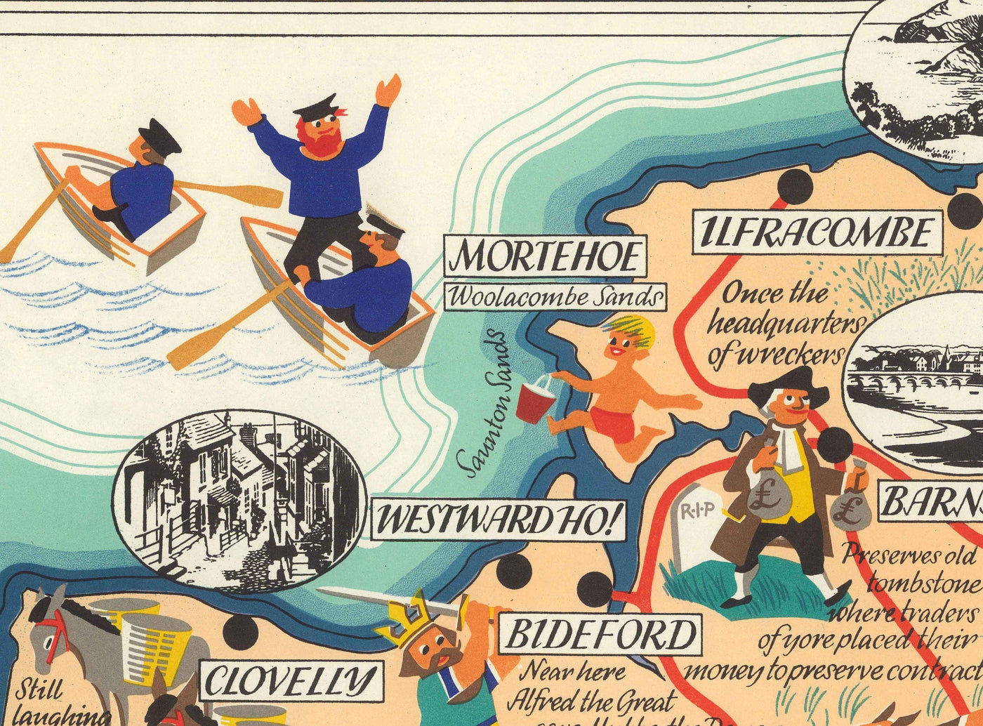 Old Pictorial Map of Devon, 1950 by Bowyer - British Railway, Torquay, Torrington, Clovelly, West Country