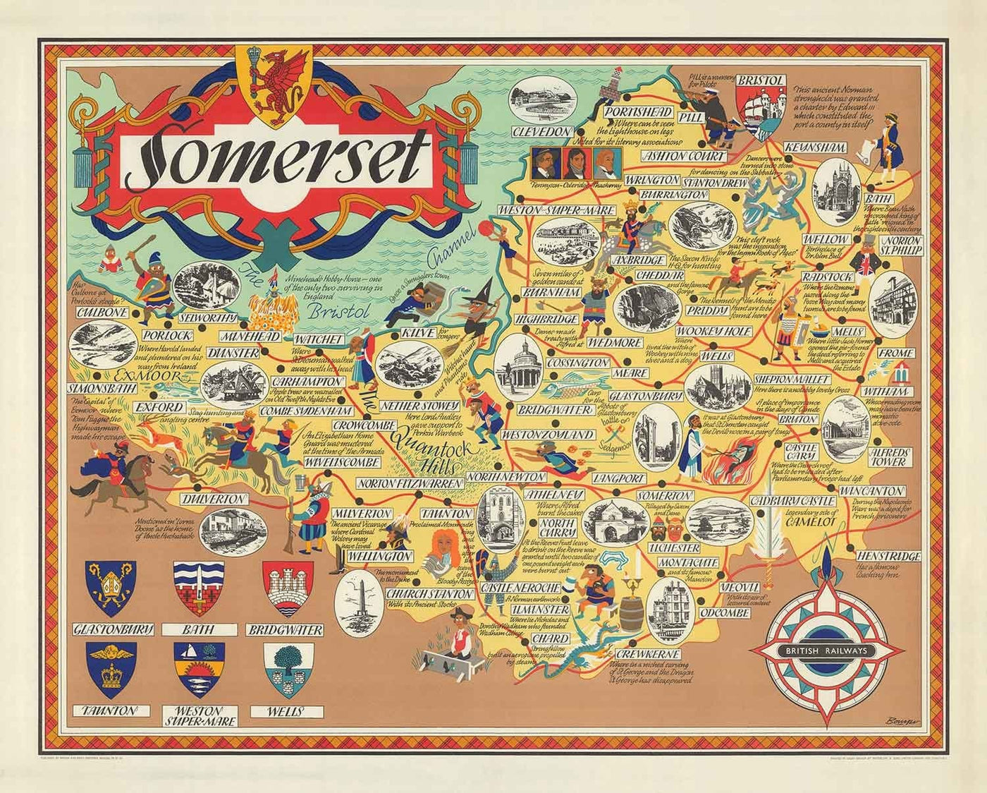Old Pictorial Map of Somerset, 1950 - British Railway, Weston-super-Mare, Somerton, Dulverton, Bath, West Country