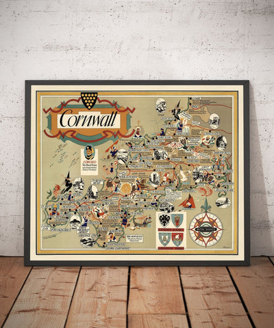 Old Pictorial Map of Cornwall, 1950 by Bowyer - British Railway, St Ives, Newquay, Plymouth, Truro, West Country