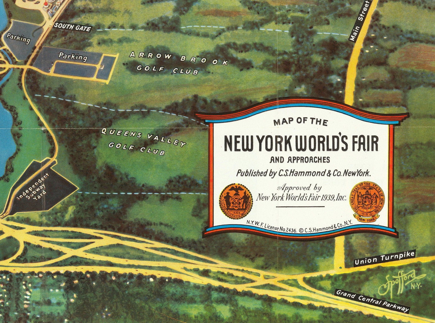 New York World's Fair, 1939 by Spofford - Old Pictorial Map of Manhattan, New Jersey, Subway, Railway, Flushing Meadows