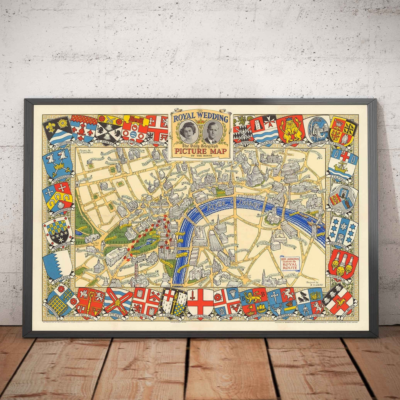 Old Map the Royal Wedding in London, 1947 - Borough Emblems, Queen Elizabeth II & Prince Philip, Westminster Abbey
