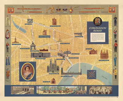 Old Pictorial Map of Queen's Coronation in London, 1953 by Crosley - HM Elizabeth II, Royal Family, Westminster