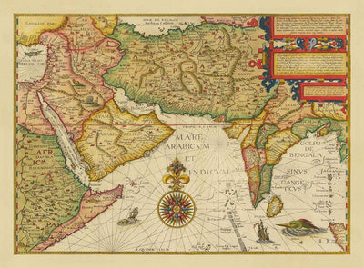 Mapa antiguo de Oriente Medio y Asia, 1596 por Linschoten - India, Irán, Afganistán, Pakistán, Persia, Arabia, Bangladesh