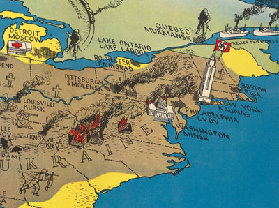 Old Map of Russia and USA, 1943 - WW2 Nazi Invasion of Soviet Union, Ukraine - 38,000,000 Escaped, 10,000,000 Died