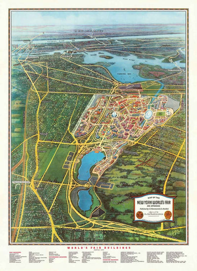New York World's Fair, 1939 by Spofford - Old Pictorial Map of Manhattan, New Jersey, Subway, Railway, Flushing Meadows