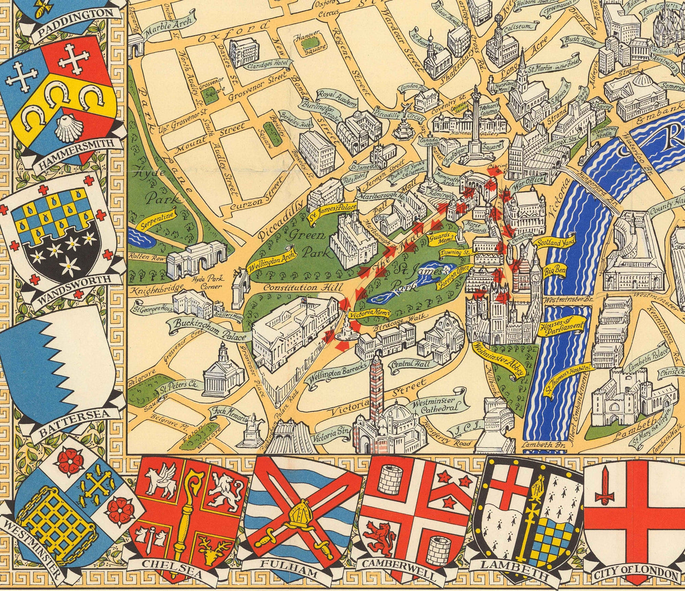 Old Map the Royal Wedding in London, 1947 - Borough Emblems, Queen Elizabeth II & Prince Philip, Westminster Abbey