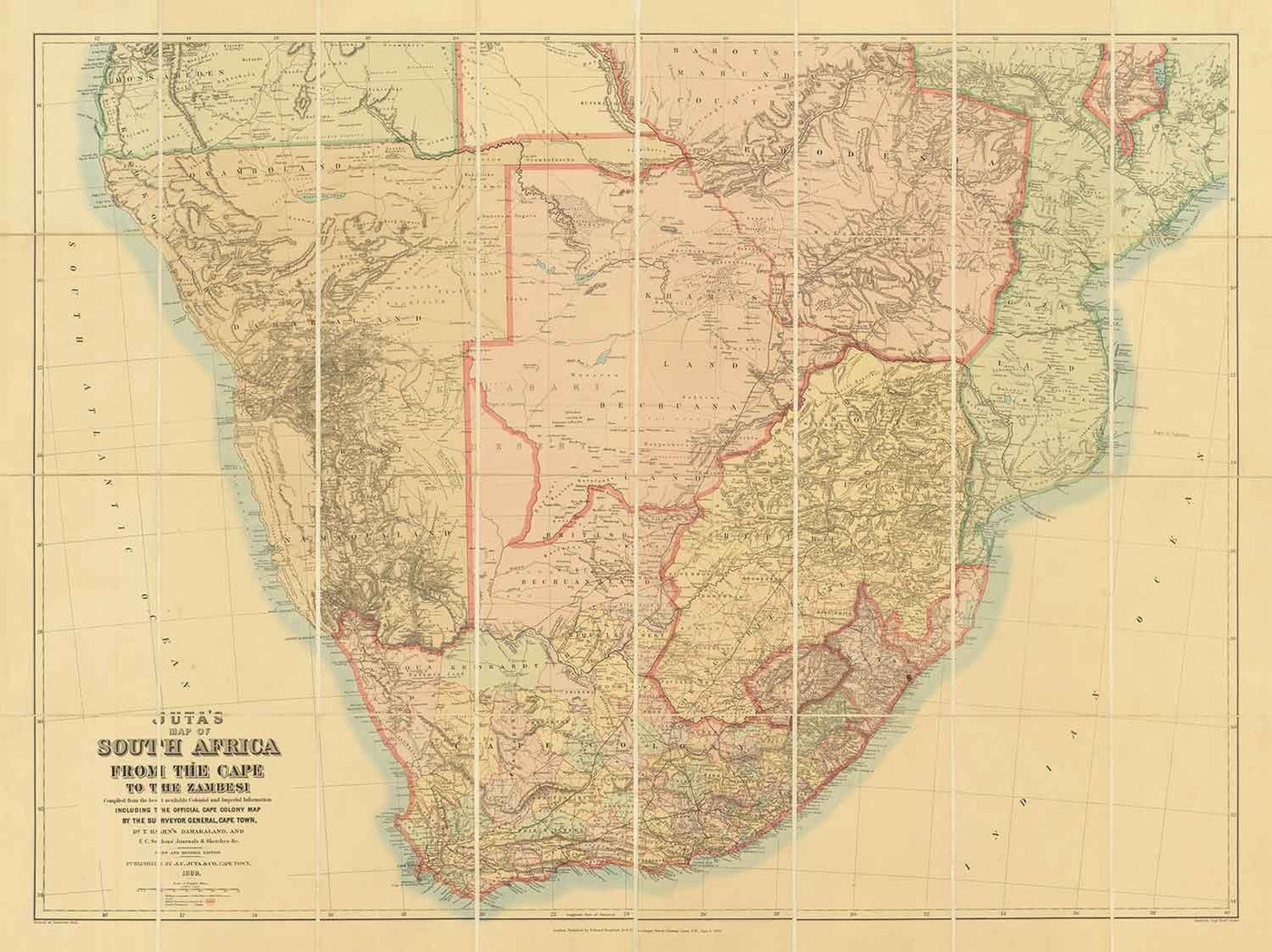 Old Map of South Africa & Central Africa 1899 - British Empire Imperialism & Boer Wars, Cape Town, Mozambique, Botswana,