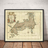 Old Map of Japan by Bowen in 1744 - Tokyo, Kyoto, Osaka, Honshu, Shikoku, Kyushu, Kamchatka, Oriental East Asia