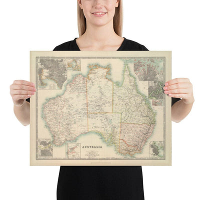 Old Map of Australia, 1911 by Johnston - NSW, Sydney, Queensland, Brisbane, Melbourne, Adelaide, Perth, Hobart