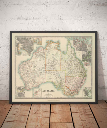 Alte Karte von Australien, 1911 von Johnston - NSW, Sydney, Queensland, Brisbane, Melbourne, Adelaide, Perth, Hobart 