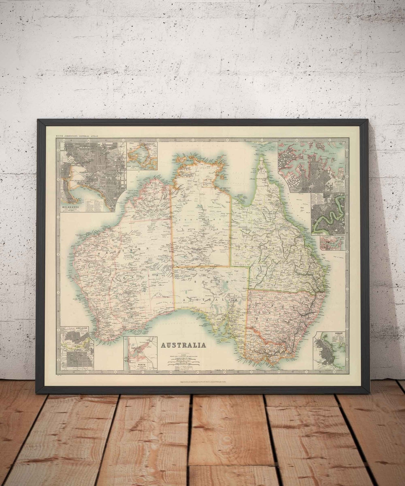 Old Map of Australia, 1911 by Johnston - NSW, Sydney, Queensland, Brisbane, Melbourne, Adelaide, Perth, Hobart