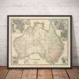 Mappa antica dell'Australia, 1911 di Johnston - NSW, Sydney, Queensland, Brisbane, Melbourne, Adelaide, Perth, Hobart 