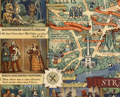 Old Pictorial Map of Stratford Upon Avon, 1948 by Kerry Lee - Shakespeare, Theatre, Plays, Nash's House, Poet's Landmarks
