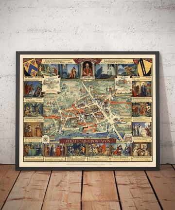 Alter bildlicher Stadtplan von Stratford Upon Avon, 1948 von Kerry Lee - Shakespeare, Theater, Stücke, Nash&
