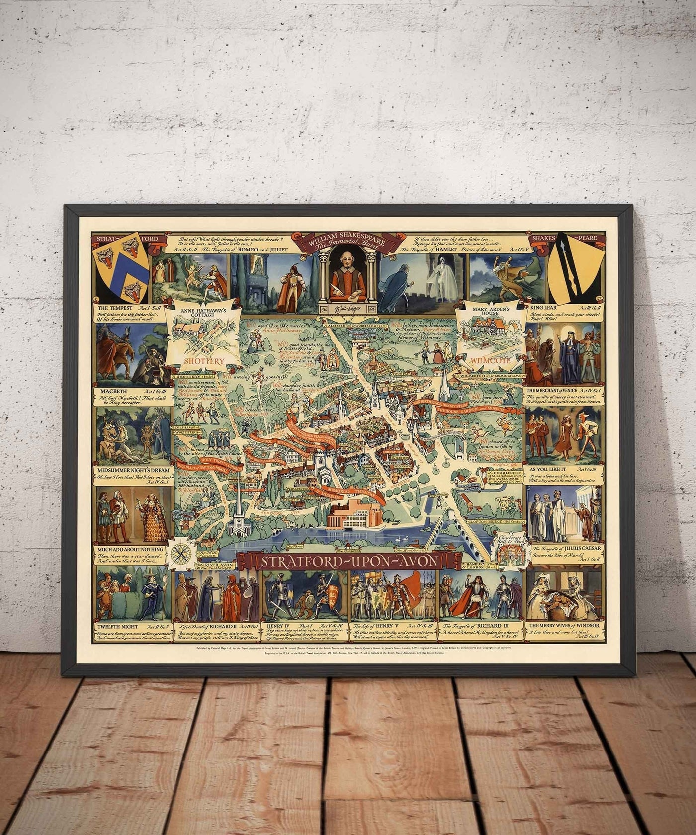 Old Pictorial Map of Stratford Upon Avon, 1948 by Kerry Lee - Shakespeare, Theatre, Plays, Nash's House, Poet's Landmarks