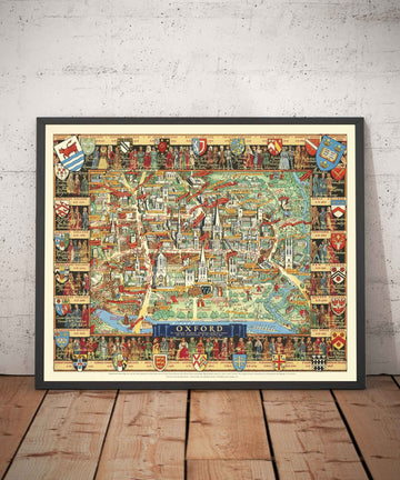 Antiguo mapa pictórico de Oxford por Kerry Lee, 1948 - Pictorial University Colleges, Landmarks - St Catherine&