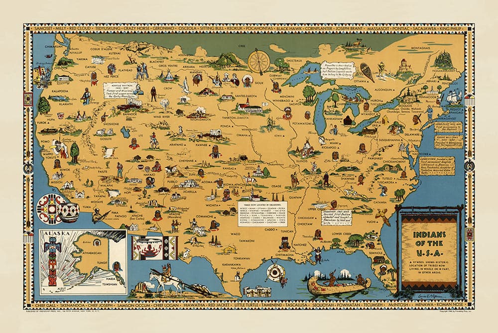 Old Map of Native Americans, 1944 - Indians of USA: Historic Tribe Locations of Navajo, Cherokee, Chippewa, Sioux, Choctaw, Apache and more