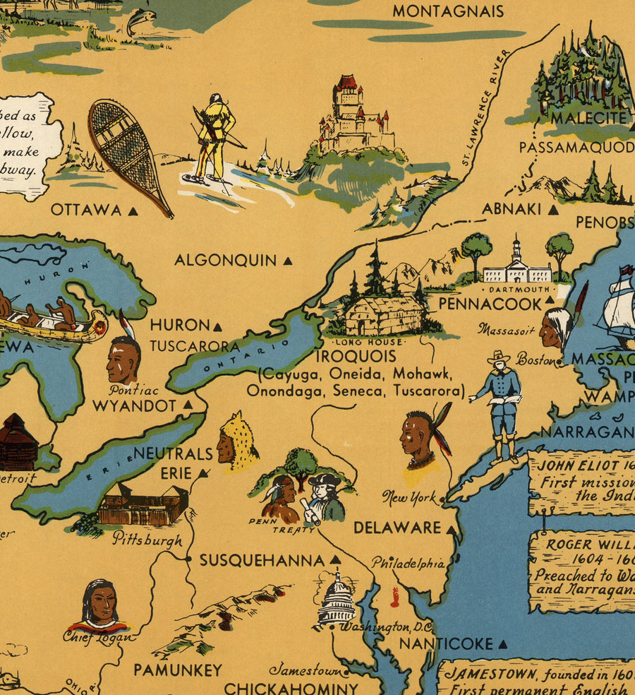 Mappa antica dei nativi americani, 1944 - Indiani degli USA: Localizzazione storica delle tribù Navajo, Cherokee, Chippewa, Sioux, Choctaw, Apache e altro 