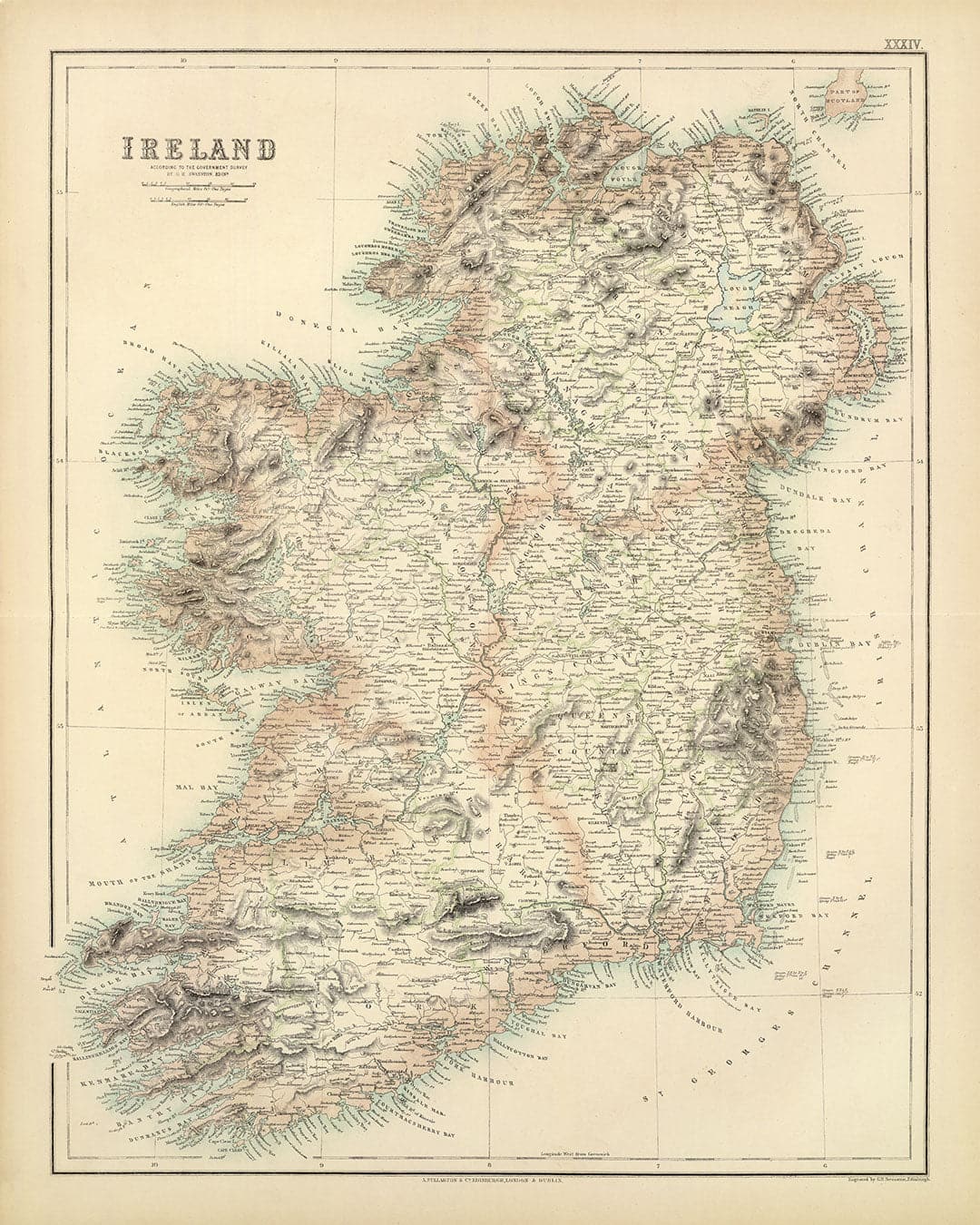 Old Map of Ireland in 1872 - Rare, Attractive Colour Map by A. Fullarton & Co