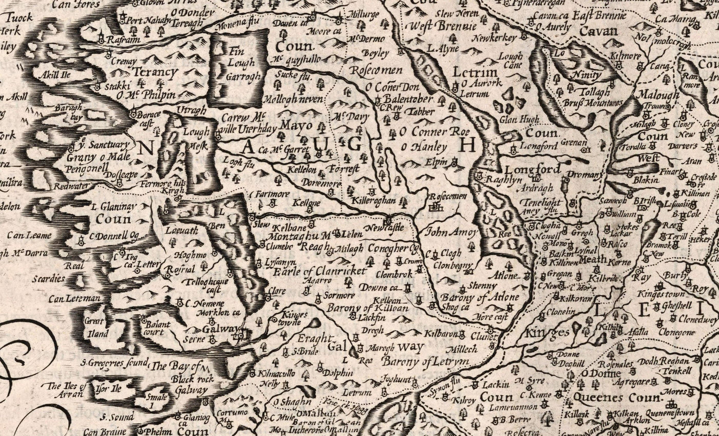 Old Map of Ireland, Éireann 1611 by John Speed - Monochrome Antique Vintage Map