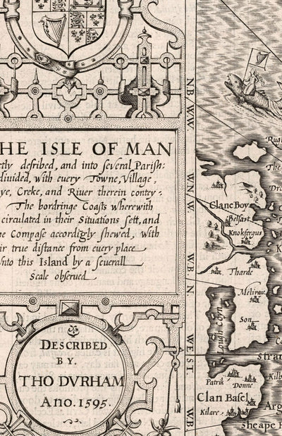 Old Monochrome Map of Isle of Man, 1611 by John Speed - Douglas, Castletown, Peel, Ramsey
