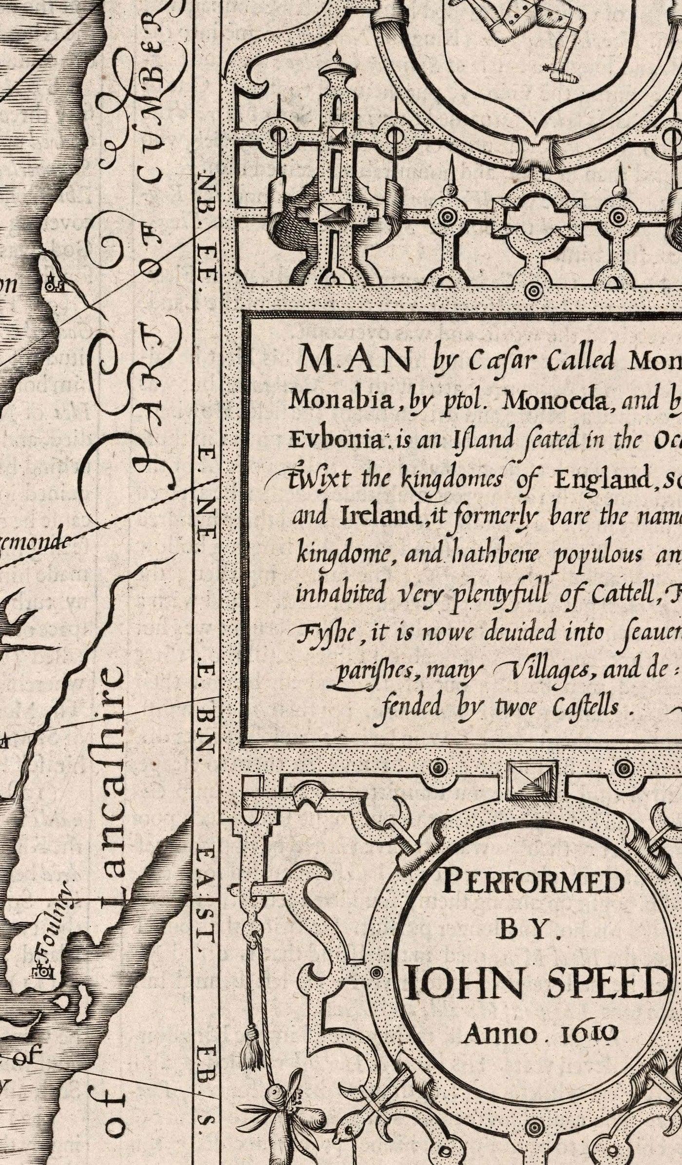 Old Monochrome Map of Isle of Man, 1611 by John Speed - Douglas, Castletown, Peel, Ramsey