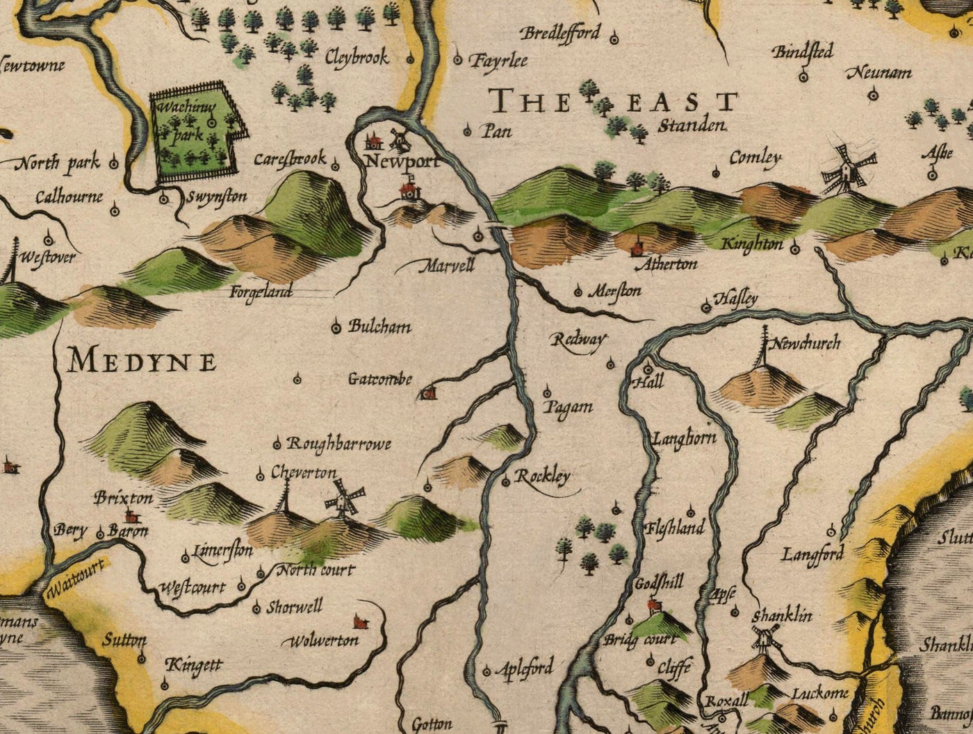 Old Map of Isle of Wight, 1611 by John Speed - Newport, Ride, Cowes, Sandown, Shanklin